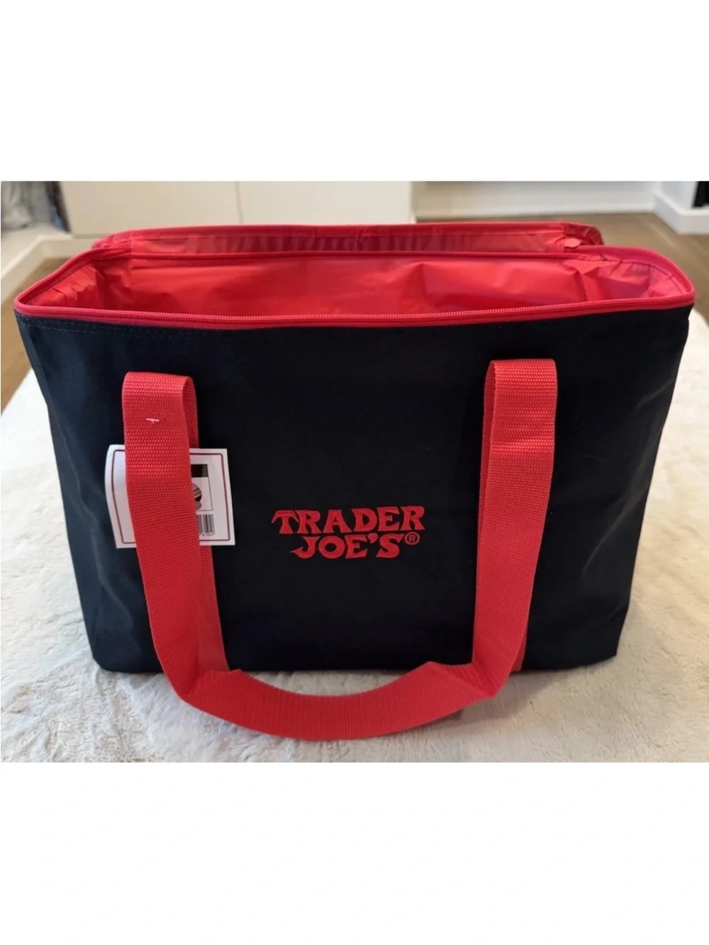 NWT, 2026 Trader Joe's Reusable Insulated Tote Bag in Black w Red handles & logo